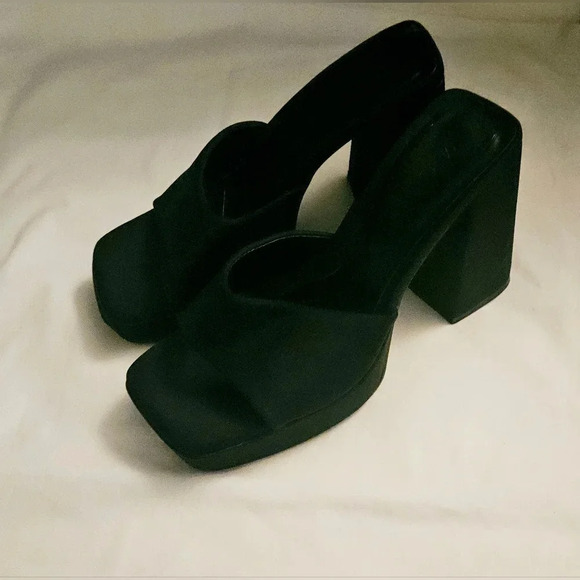 ZARA Y2K Black Satin Leather Square Toe Platform Heels Sz 7.5/ 8 US/38 Eu - Picture 3 of 14